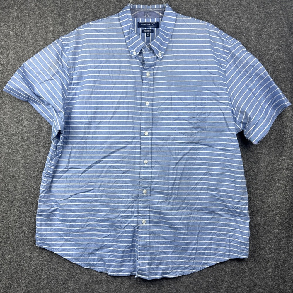 Crown & Ivy Men's Classic Fit Striped Button-Up Pocket Short Sleeve Shirt Sz XXL